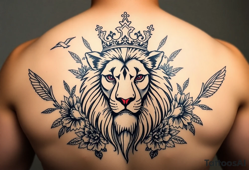 powerful majestic lion with a crown, surrounded by floral ornaments and birds tattoo idea