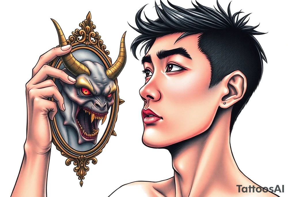 Handsome Asian young guy is looking in cursed mirror and see a demon tattoo idea