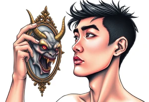 Handsome Asian young guy is looking in cursed mirror and see a demon tattoo idea