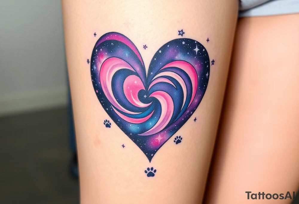 A galaxy-themed heart, filled with swirling deep purple, magenta, and navy blue, dotted with tiny white stars for a mesmerizing space feel and cat paw prints around whole heart tattoo idea