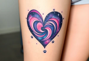 A galaxy-themed heart, filled with swirling deep purple, magenta, and navy blue, dotted with tiny white stars for a mesmerizing space feel and cat paw prints around whole heart tattoo idea