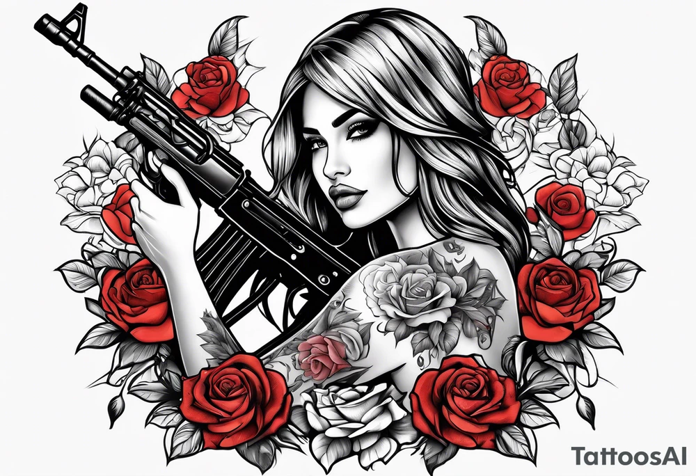 Beautiful angle with tattoos surrounded by roses holding a ak 47 tattoo idea