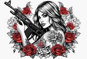Beautiful angle with tattoos surrounded by roses holding a ak 47 tattoo idea