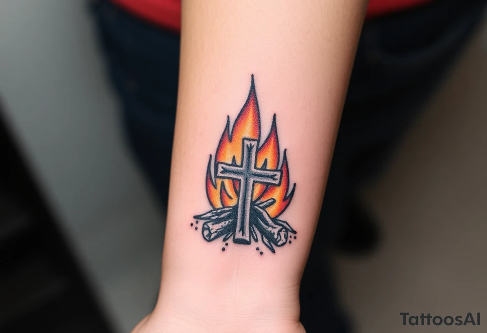 Campfire with a cross hidden in the flames tattoo idea