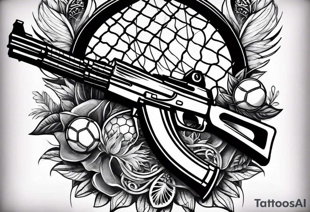 Arm tattoo sleeve with ak-47, tennis racket, fitness, motivational quote, sun, tattoo idea