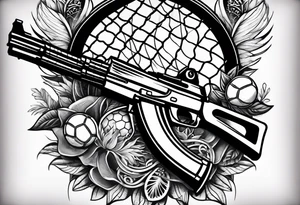 Arm tattoo sleeve with ak-47, tennis racket, fitness, motivational quote, sun, tattoo idea