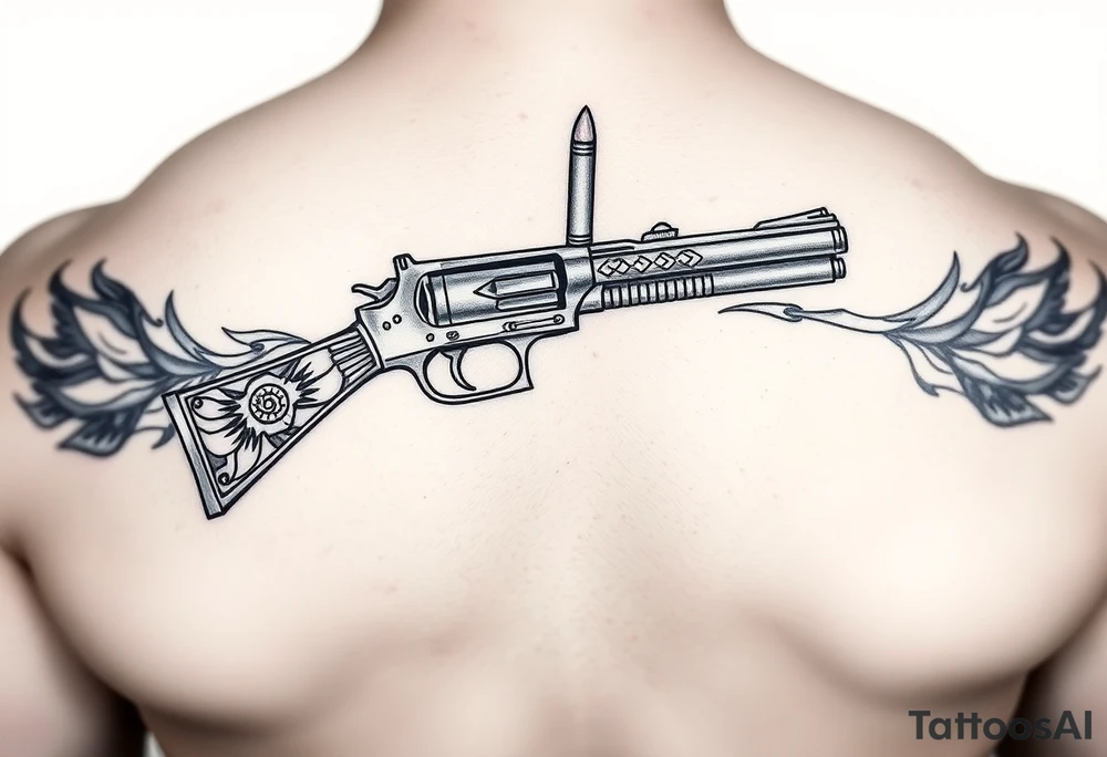 9mm gun with Egyptian detail on handle gun surrounded by flames and two bullets shooting out of gun tattoo idea