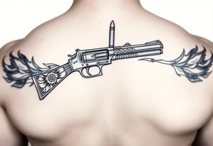9mm gun with Egyptian detail on handle gun surrounded by flames and two bullets shooting out of gun tattoo idea