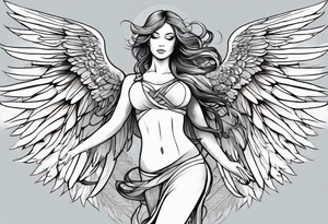 angel woman with big wings full body flying on the sky tattoo idea