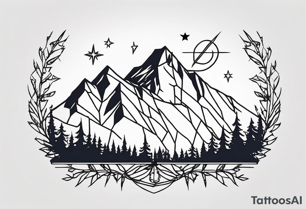 Three Peaks, Three Stars, Swords, and Vines: Create a minimalistic fine line tattoo for the right upper arm half sleeve. Feature three rugged mountain peaks, each topped with a simple star. Emphasize crossed swords, integrating with abstract, feather-like patterns that evoke the Valkyrie spirit. Weave in subtle thorny vines from 'A Court of Thorns and Roses' (ACOTAR), blending naturally with the mountainous backdrop. Keep the design in clean, simple lines, emphasizing the serene and mystical qualities without text. tattoo idea