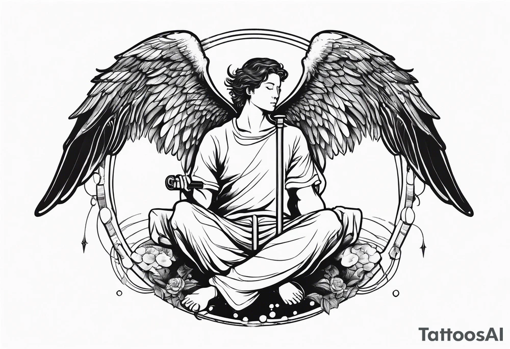 male angel with wings and a halo sitting peacefully with fishing rod tattoo idea
