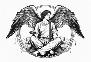 male angel with wings and a halo sitting peacefully with fishing rod tattoo idea