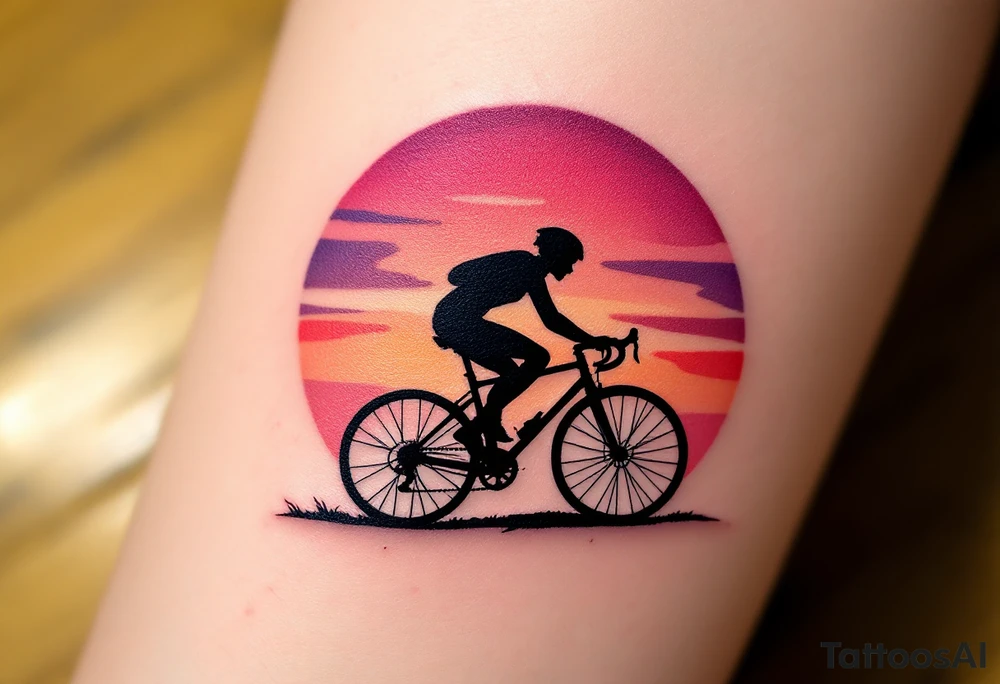 A silhouette of a cyclist against a setting sun, with a dramatic contrast of black ink against a gradient of purple, orange, and red. tattoo idea