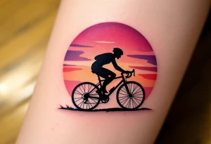 A silhouette of a cyclist against a setting sun, with a dramatic contrast of black ink against a gradient of purple, orange, and red. tattoo idea