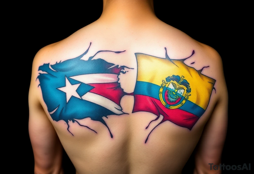 he representative elements of Puerto Rico and Ecuador, highlighting their flags, colors, and cultural symbols in a fluid and harmonious style. tattoo idea