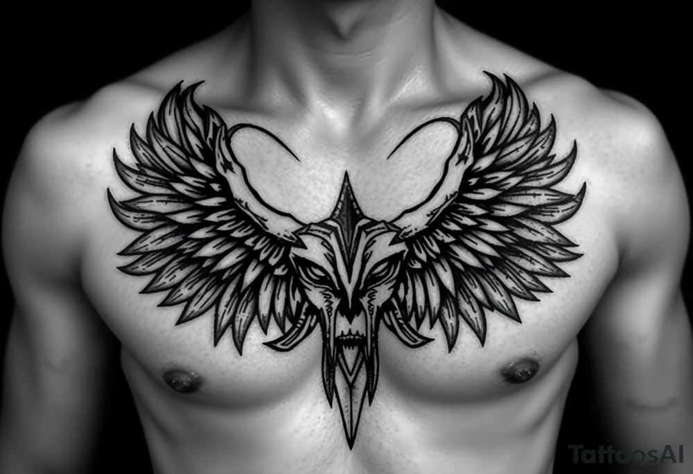 Symetrical upper chest tattoo, dark, animal icelandic symbols, bigest , chest tattoo tattoo idea