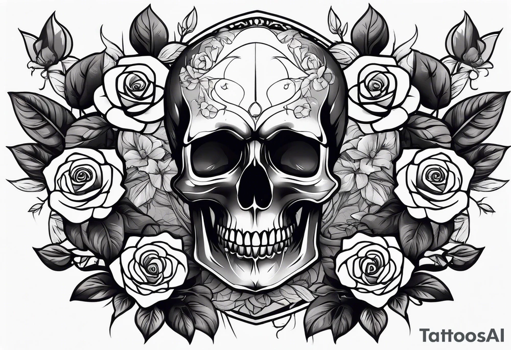 A sad skull in the middle surrounded by rose flowers dark theme tattoo idea