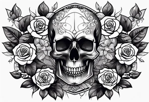 A sad skull in the middle surrounded by rose flowers dark theme tattoo idea