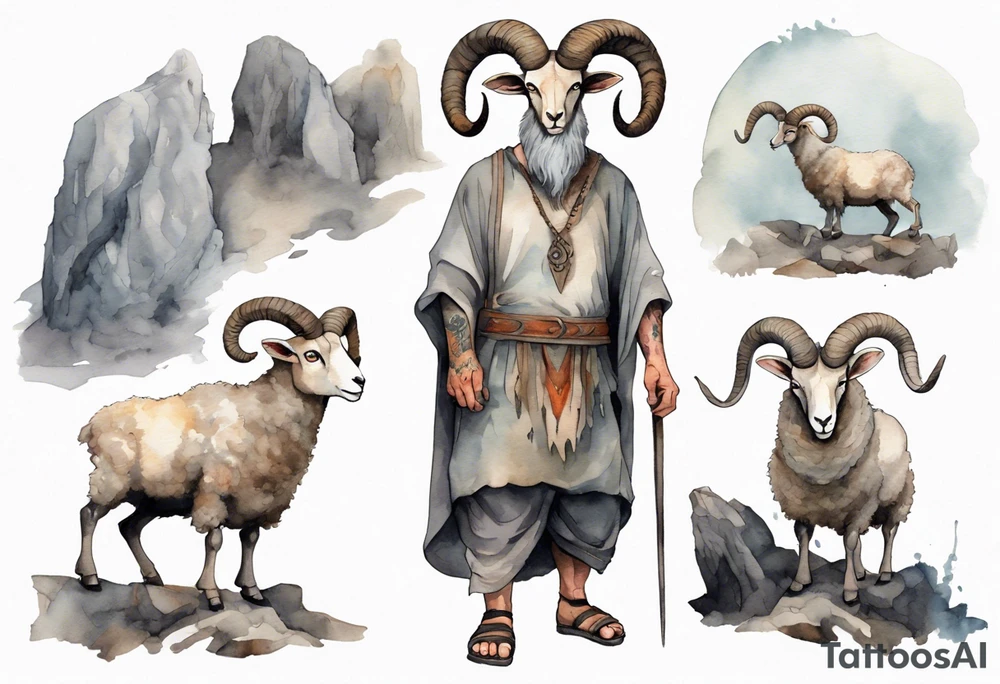 a solitary broad-shouldered man with the head of a big-horned sheep, wearing a grey tunic standing before a cave with cloven feet tattoo idea