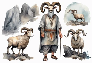 a solitary broad-shouldered man with the head of a big-horned sheep, wearing a grey tunic standing before a cave with cloven feet tattoo idea