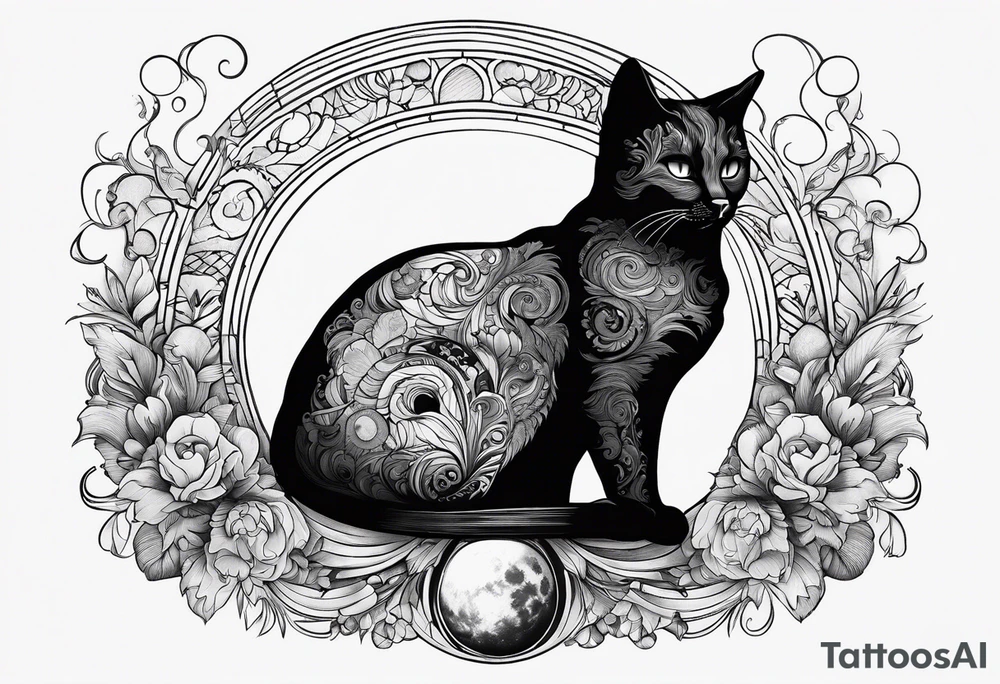 Shadow of a cat sitting on a crescent moon tattoo idea