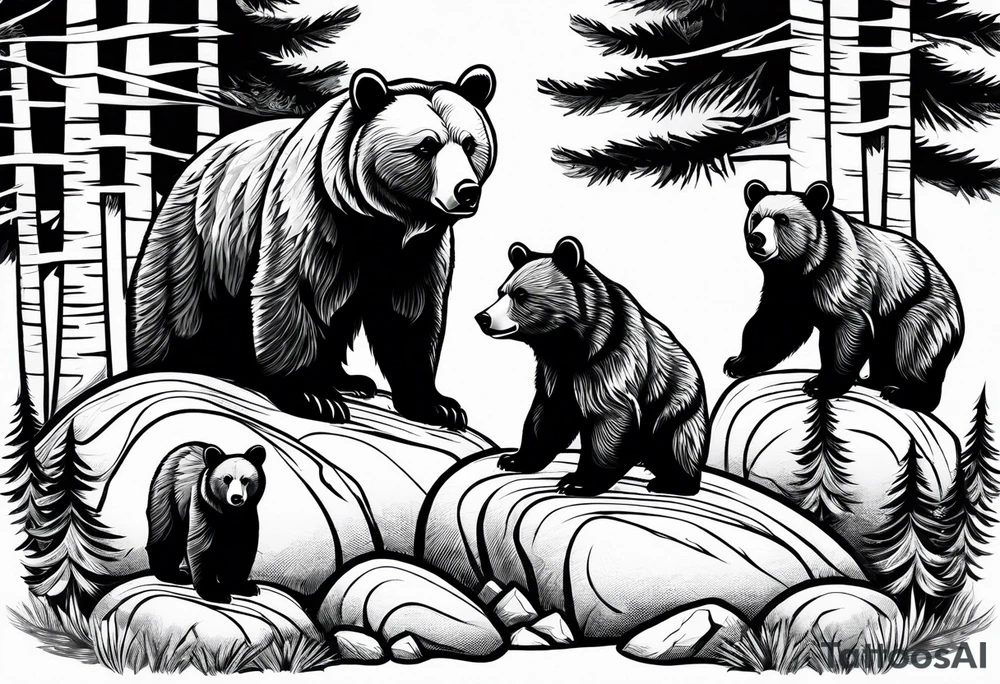 Draw a tattoo. The tattoo shows a mother bear holding two bear cubs. A small bear cub and a larger bear cub. The bears are surrounded by fir trees and rocks. tattoo idea