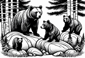 Draw a tattoo. The tattoo shows a mother bear holding two bear cubs. A small bear cub and a larger bear cub. The bears are surrounded by fir trees and rocks. tattoo idea