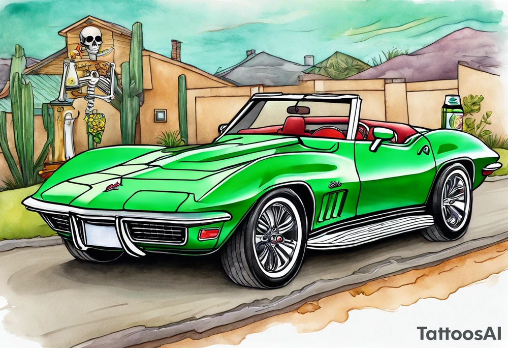 A skeleton, smoking a cigarette and throwing a beer can while driving a green convertible 1976 Corvette tattoo idea