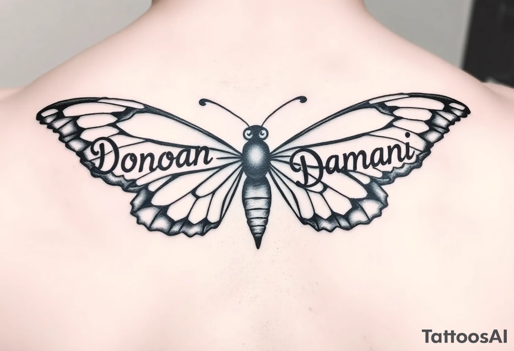 Butterfly with wings made of the names Donovan and Damani with the body made out of the name Dalyla. tattoo idea