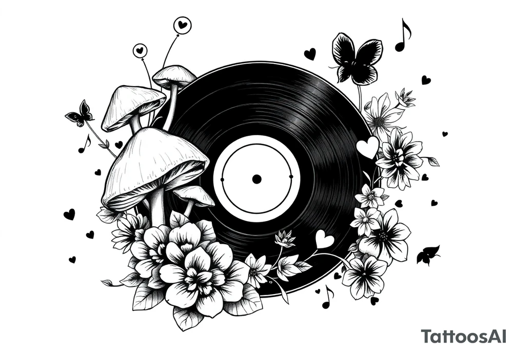 vinyl record with mushrooms, flowers, hearts, and music notes tattoo idea