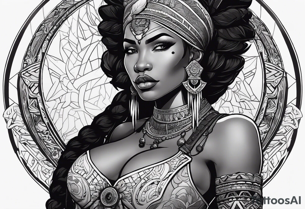 valkrye, kali, pirate, african goddess, , warrior, native american, lotus, zenza resonance, skulls, dragon, pachamama, left side face, chest, right wing, tattoo idea
