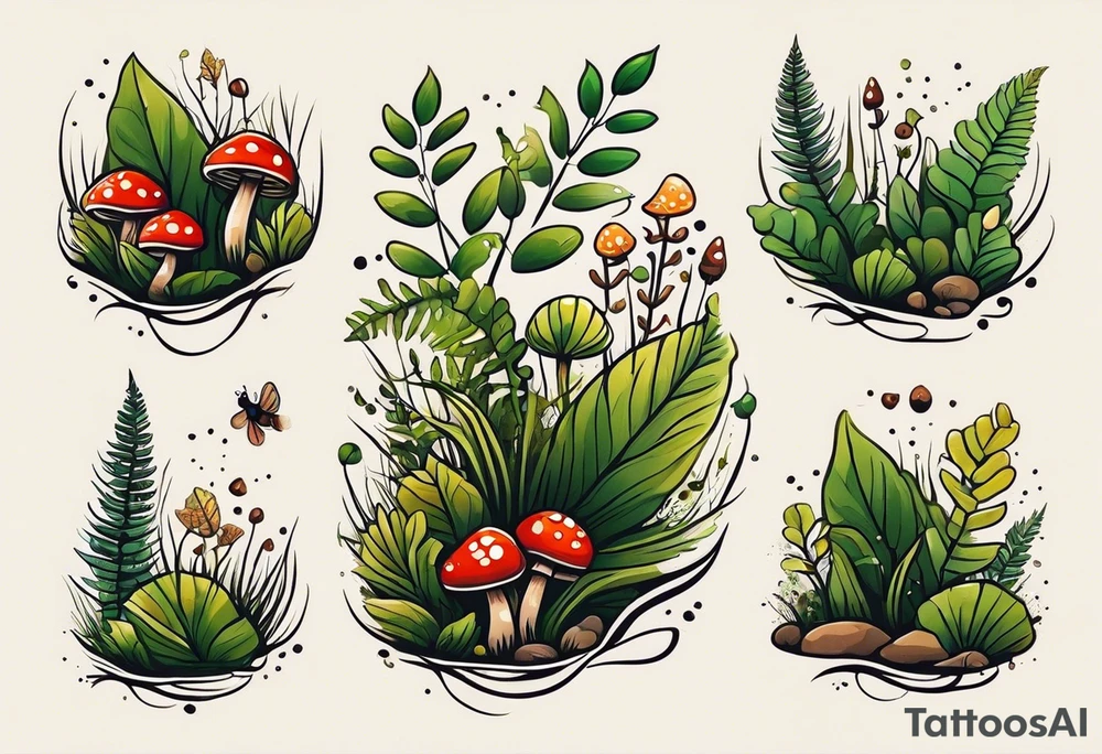minimalistic forest floor inspired tattoo, which includes grass, moss, curly ferns and dead leaves as the bulk of the tattoo. details to include: forest berries, couple of very small brown mushrooms, a tiny bumblebee flying nearby tattoo idea