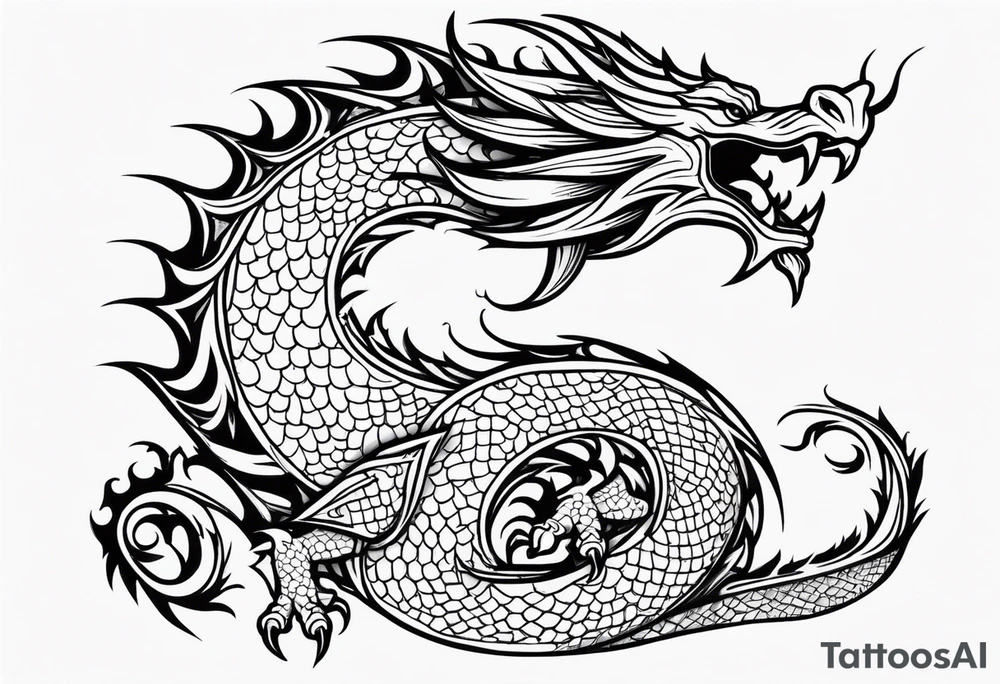 An ornate dragon breathing fire, with intricate scales and a fierce expression, symbolizing power and protection.” tattoo idea