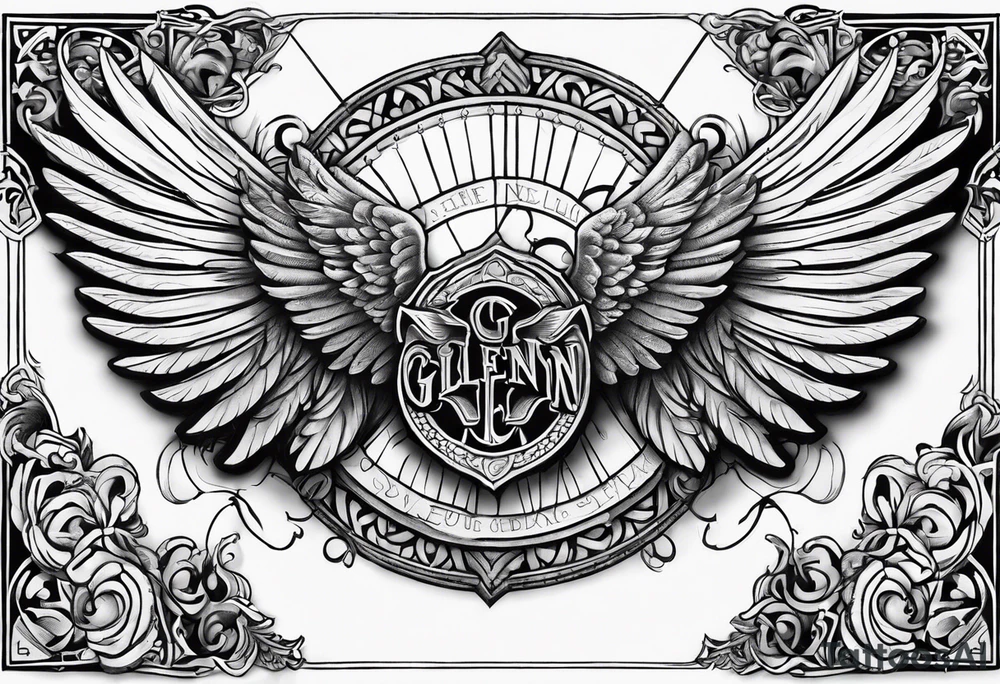 The word Glenn on a banner with angel Wings tattoo idea