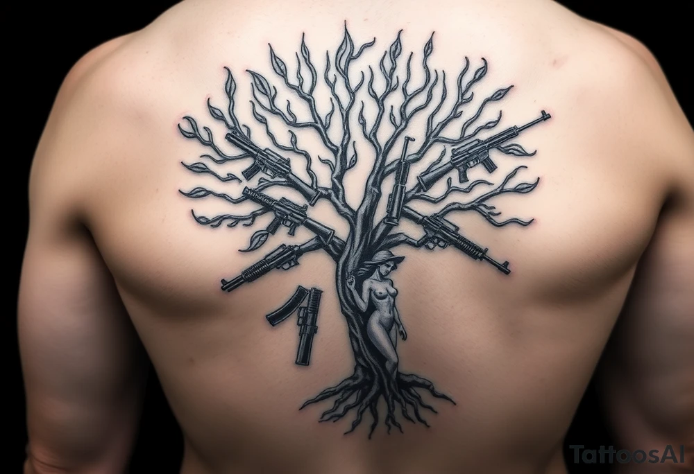 burning tree of life with firearms scattered and nude woman tattoo idea