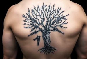 burning tree of life with firearms scattered and nude woman tattoo idea