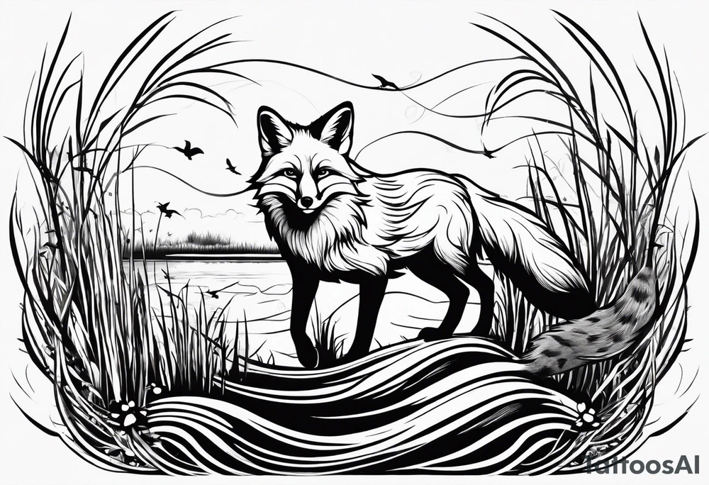Fox jumping in swamp reeds Russian tattoo idea