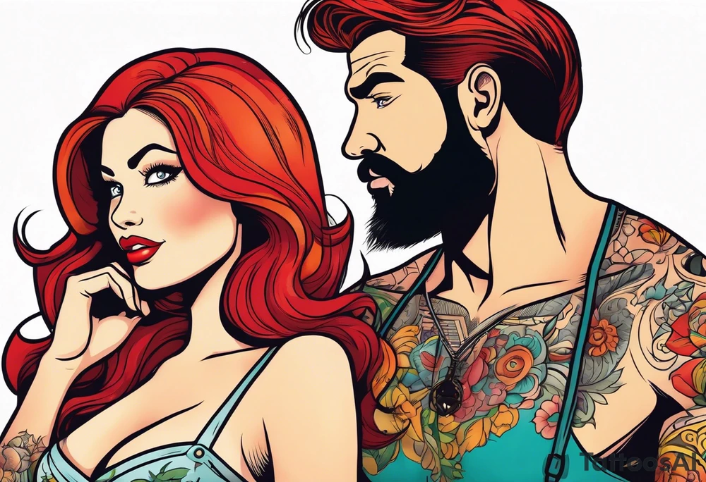 Busty Red haired woman with black haired bearded man tattoo idea