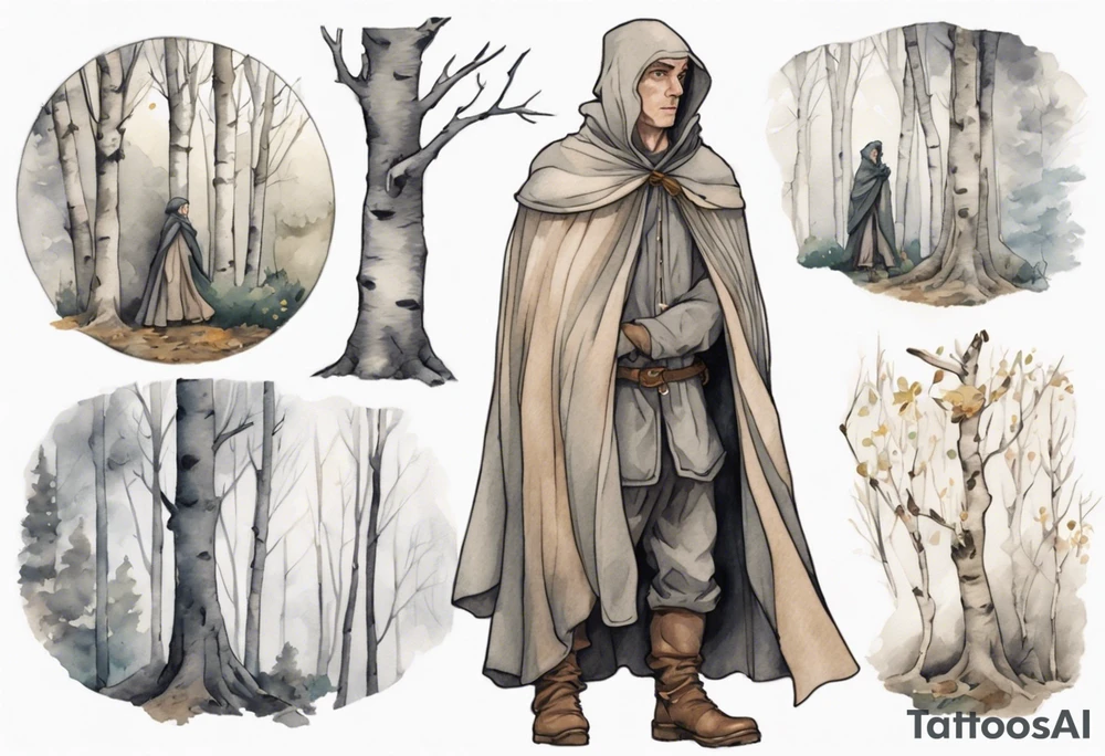 a solitary medieval Tan France wearing a grey cloak standing in a birch forest tattoo idea