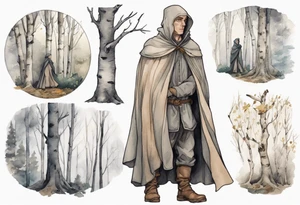 a solitary medieval Tan France wearing a grey cloak standing in a birch forest tattoo idea