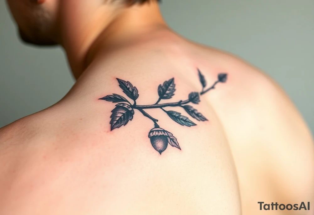 colored tattoo on the arm depicting an oak branch with acorns tattoo idea