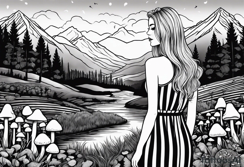 Straight long blonde hair girl in distance holding mushrooms in hand facing away toward mountains and creek surrounded by mushrooms black and white striped dress tattoo idea