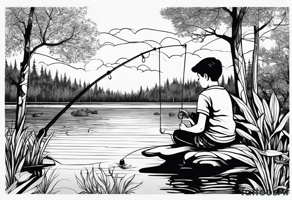 forearm tattoo set on a lake. There is a little boy sitting next to a little girl. The little boy is fishing and the little girl is reading. There are trees surrounding the lake. tattoo idea