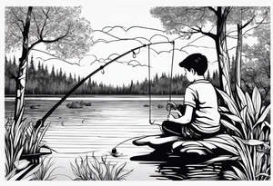 forearm tattoo set on a lake. There is a little boy sitting next to a little girl. The little boy is fishing and the little girl is reading. There are trees surrounding the lake. tattoo idea