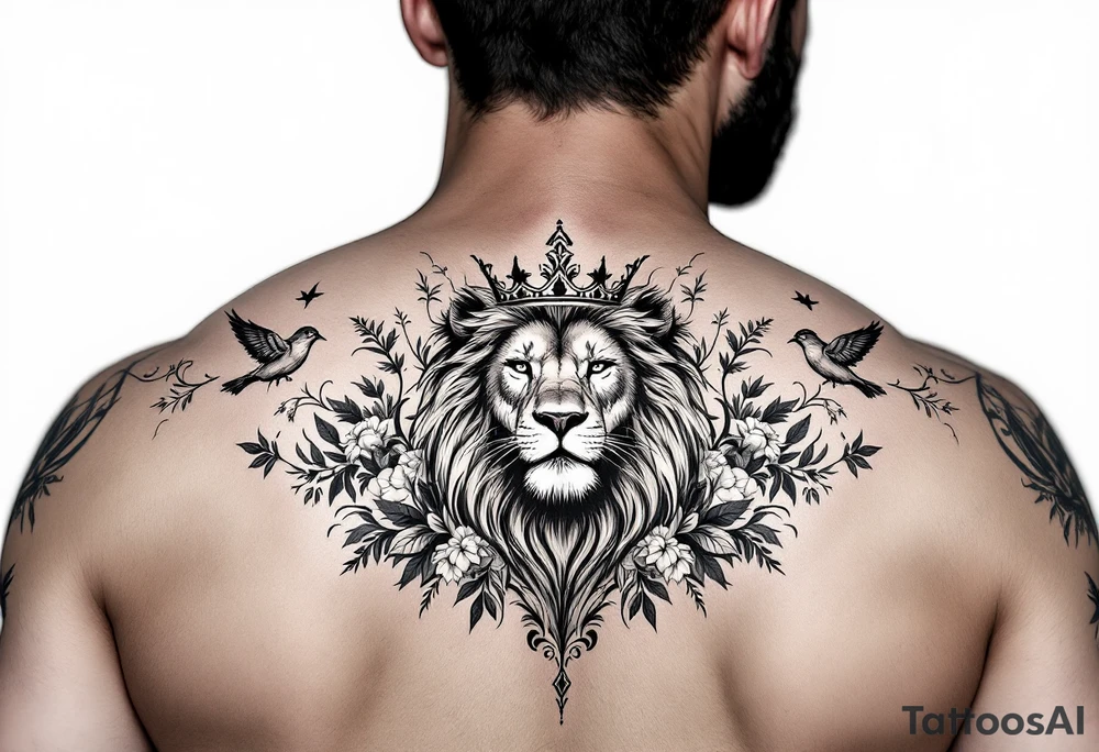 powerful majestic lion with a crown, surrounded by floral ornaments and birds tattoo idea