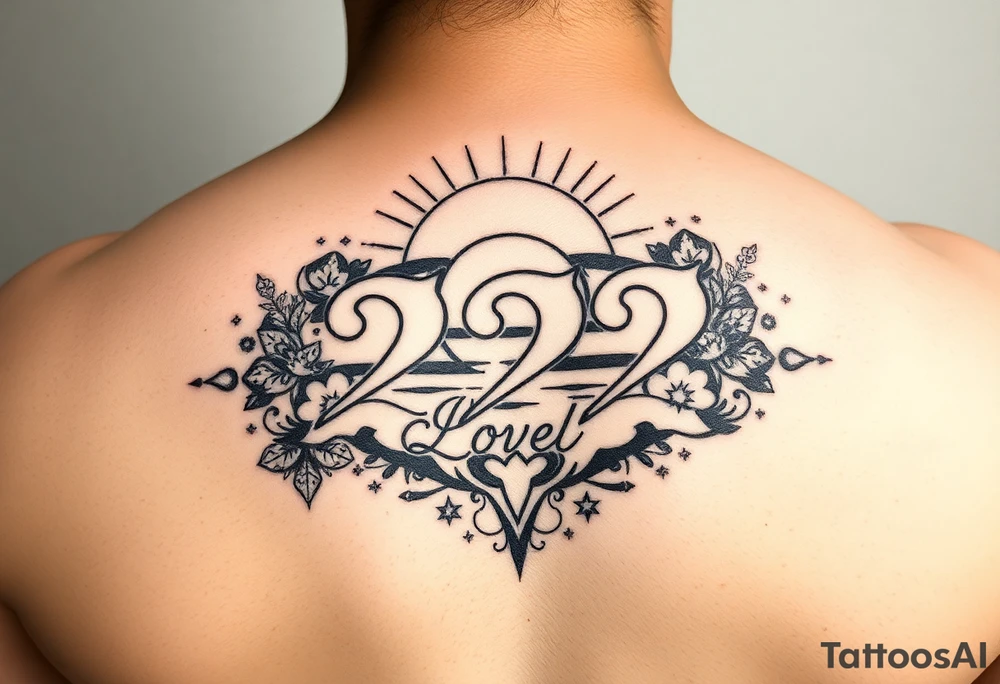 Bold 222 surrounded with sunset and love and stardust and vibration tattoo idea