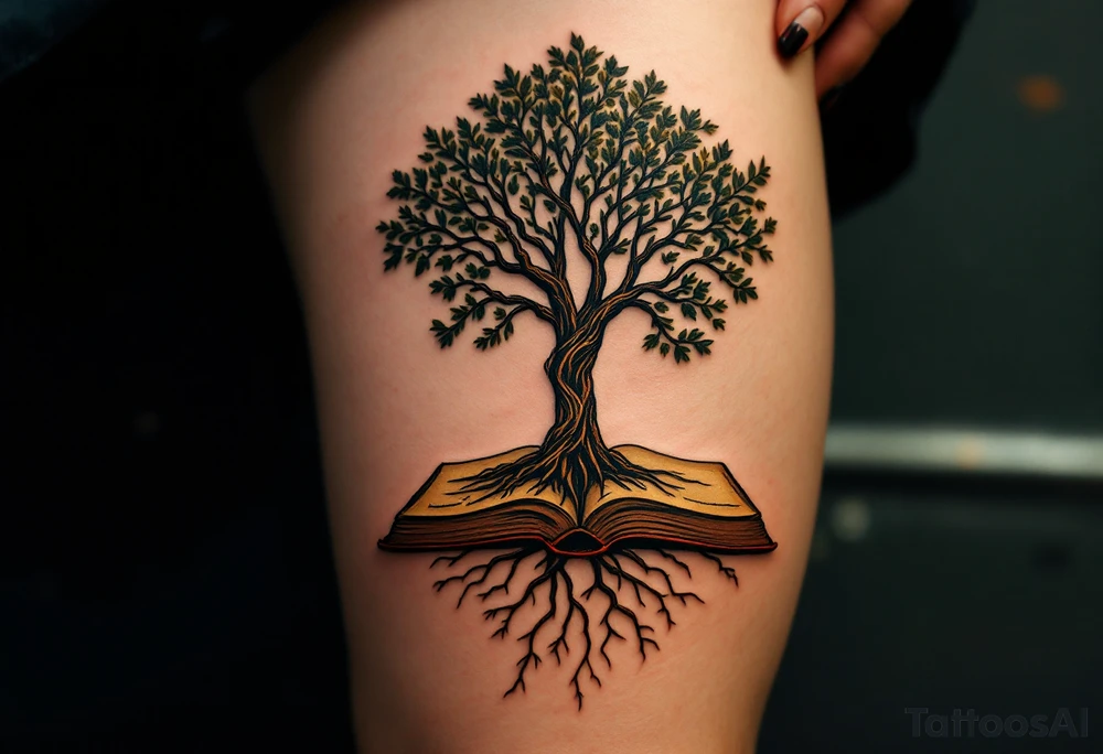 Tree growing out of an open book, roots tangled in the pages. Each page labeled with a generation: 1950 (Mary), 1972 (John), 1996 (Emily). Warm brown tones for the tree, aged parchment color for the book. tattoo idea