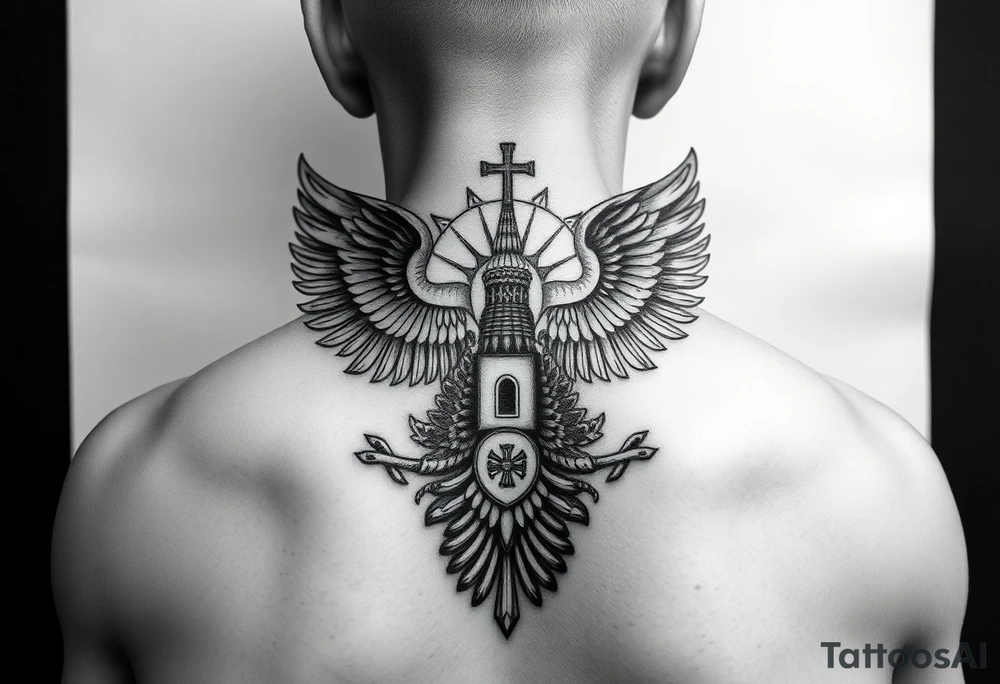 an actual russian coat of arms with the eagles wings spanning out on my back neck across my shoulders / traps with a orthodox christian church being visible in a mountainous sun beaming setting, with the russian orthodox cross spire of the orthodox church being visible on my neck with a sun beaming in the background that the cross sits inside tattoo idea