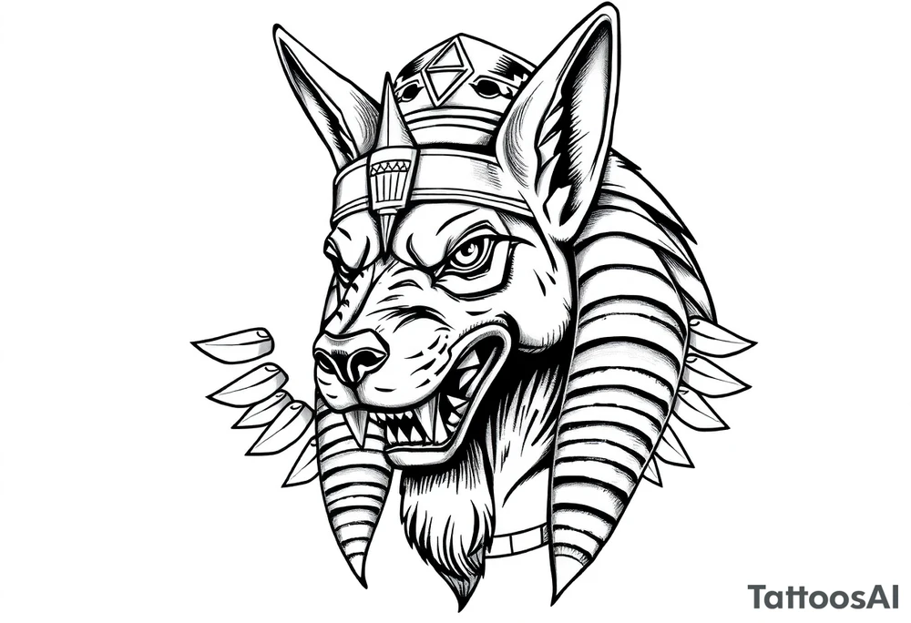 Egyptian Anubis god powerful face muscle in Egypt style with mantle on head dog face surrounded Egyptian symbols tattoo idea