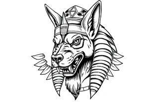 Egyptian Anubis god powerful face muscle in Egypt style with mantle on head dog face surrounded Egyptian symbols tattoo idea